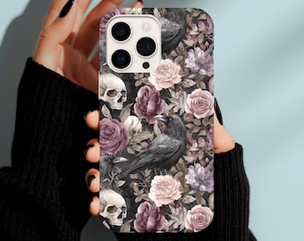 Dark Cottagecore Handyhülle | Raben und Rosen Schädel iPhone Hülle | Gothic Botanisches Design | Dark Academia Ästhetik