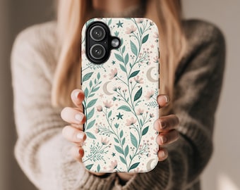 Himmlische Blumen iPhone Hülle | Mond und Wildblumen Handyhülle | Cottagecore Handyhülle | Neutrale ästhetische Schutzhülle