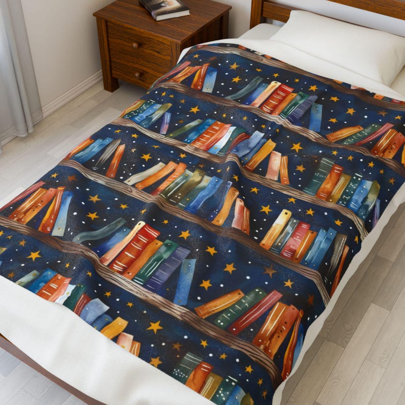 Book Lover Blanket | Cozy Reading Throw | Bookshelf & Starry Night Design | Literary Gift for Readers | Book Nook Blanket image 9