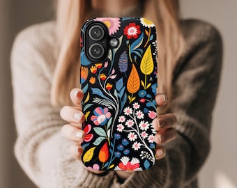 Bunte Folk Blumen iPhone Hülle | Handyhülle Schwarz | Skandinavische Blumen Handyhülle | Lebendige Schutzhülle