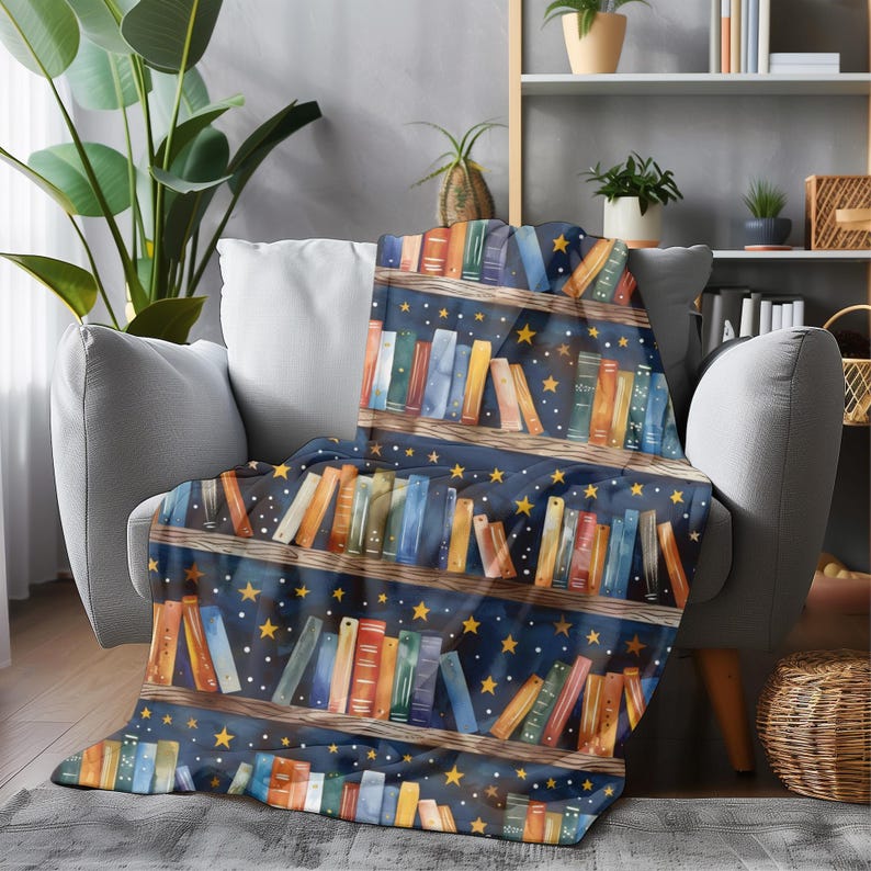Book Lover Blanket | Cozy Reading Throw | Bookshelf & Starry Night Design | Literary Gift for Readers | Book Nook Blanket image 8