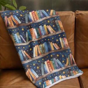 Book Lover Blanket | Cozy Reading Throw | Bookshelf & Starry Night Design | Literary Gift for Readers | Book Nook Blanket image 2