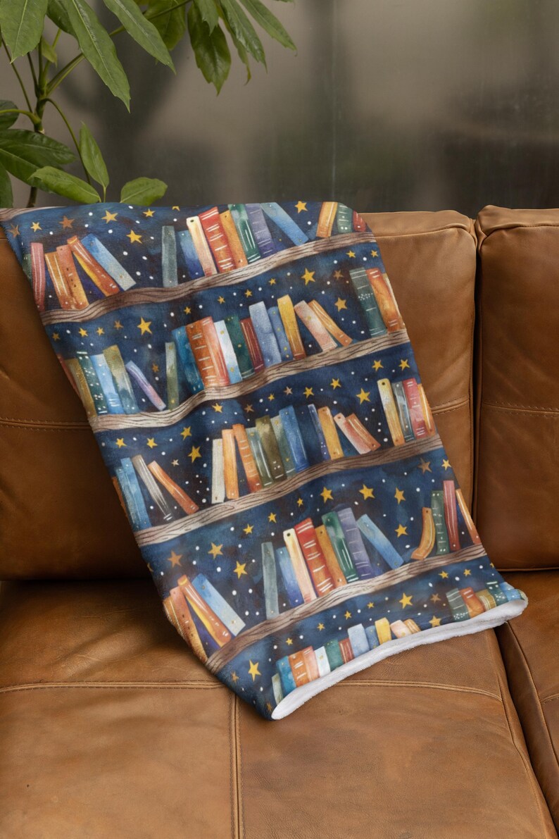 Book Lover Blanket | Cozy Reading Throw | Bookshelf & Starry Night Design | Literary Gift for Readers | Book Nook Blanket image 2