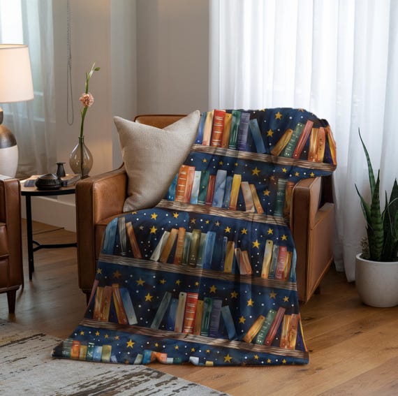 Book Lover Blanket | Cozy Reading Throw | Bookshelf & Starry Night Design | Literary Gift for Readers | Book Nook Blanket