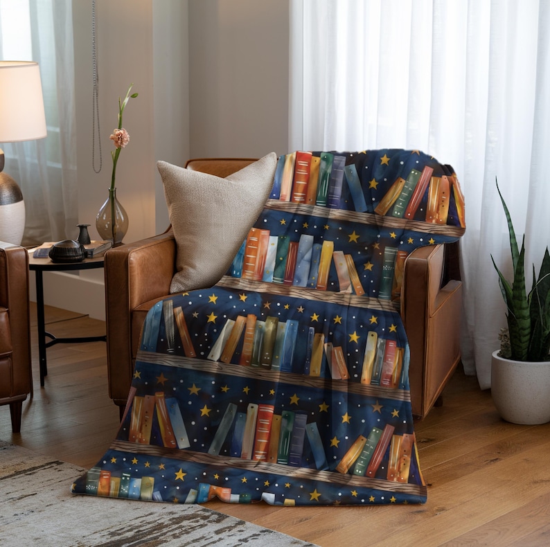 Book Lover Blanket | Cozy Reading Throw | Bookshelf & Starry Night Design | Literary Gift for Readers | Book Nook Blanket image 1