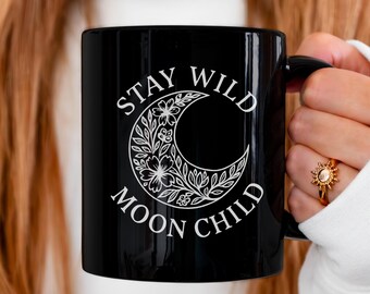 Stay Wild Moon Child Mug | Black Celestial Coffee Cup | Floral Crescent Moon Mug |Witchy Boho Mug | Gift for Her | Black and White Mug