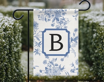 Monogramed Garden Flag | Vintage Toile Personalized Yard Decor | Personalized Garden Flag | Blue and White Yard Flag | Double Sided Flag