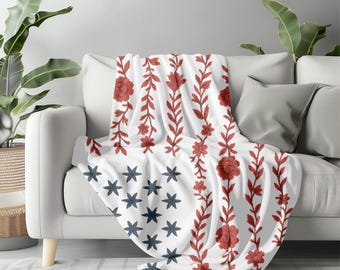 Floral American Flag Throw Blanket | Patriotic Decor | Red Wildflower USA Blanket | Americana Throw Blanket