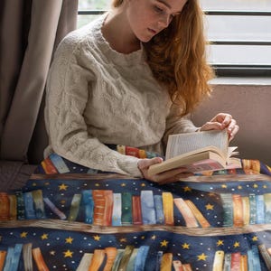 Book Lover Blanket | Cozy Reading Throw | Bookshelf & Starry Night Design | Literary Gift for Readers | Book Nook Blanket image 6