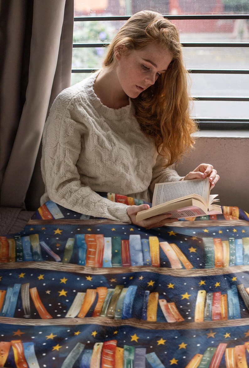 Book Lover Blanket | Cozy Reading Throw | Bookshelf & Starry Night Design | Literary Gift for Readers | Book Nook Blanket image 6