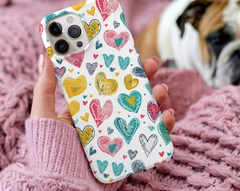 Colorful Heart iPhone Case | Cute Valentine Phone Case | Hand Drawn Hearts Phone Cover | Love Aesthetic iPhone Case