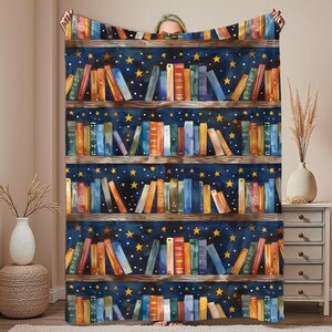 Book Lover Blanket | Cozy Reading Throw | Bookshelf & Starry Night Design | Literary Gift for Readers | Book Nook Blanket image 3