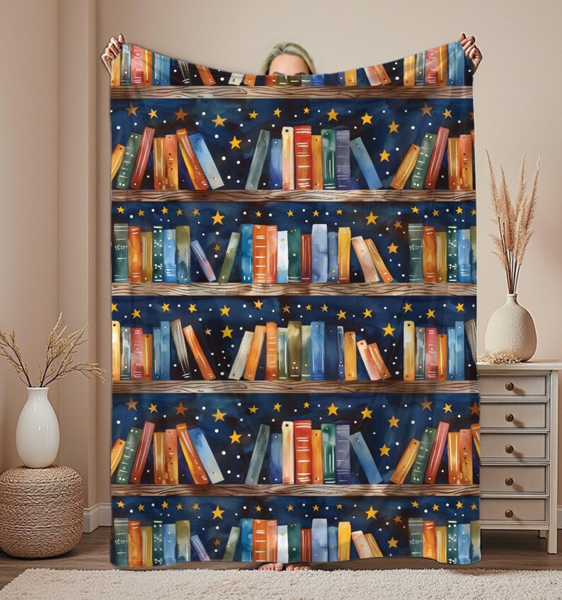 Book Lover Blanket | Cozy Reading Throw | Bookshelf & Starry Night Design | Literary Gift for Readers | Book Nook Blanket image 3