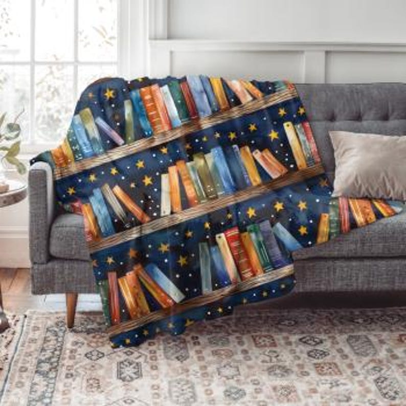 Book Lover Blanket | Cozy Reading Throw | Bookshelf & Starry Night Design | Literary Gift for Readers | Book Nook Blanket image 7