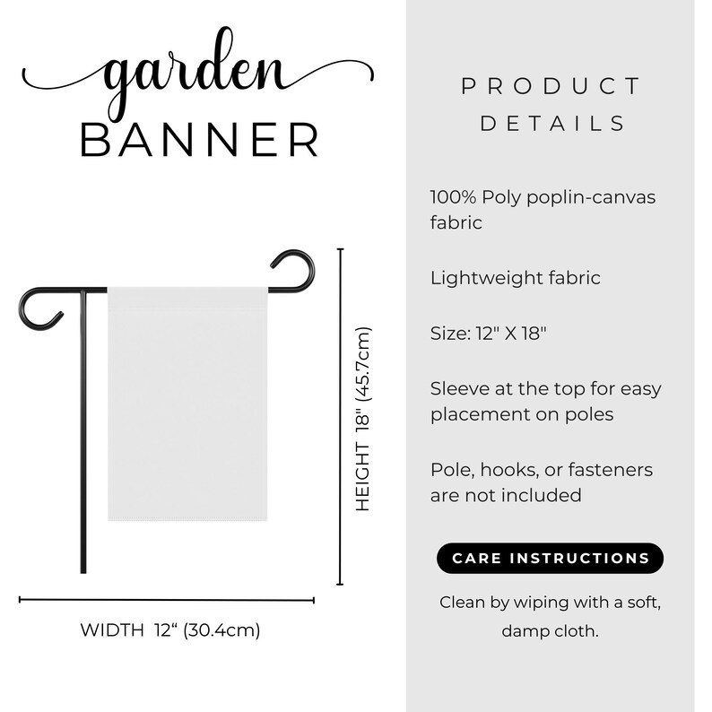 May include: A white garden banner with the text "garden BANNER" in black script. The banner is 30.4cm wide and 45.7cm high. It is made of lightweight fabric and has a sleeve for easy placement on poles.