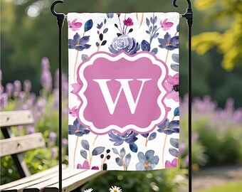 Drapeau de jardin personnalisé | Drapeau de jardin violet et rose | Drapeau à initiales personnalisé | Drapeau de jardin floral | Drapeau de porche | Drapeau monogrammé