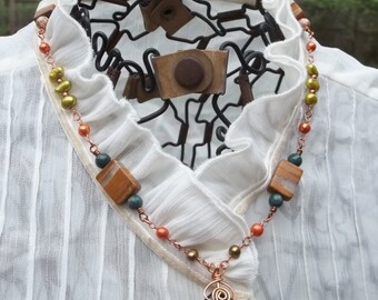 Harvest Moon -- Ocean Jasper, Copper, and Baroque Pearl Necklace