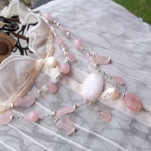 Pink Moon 2 Tier Draped Rose Quartz and Snow Jade Necklace image 2