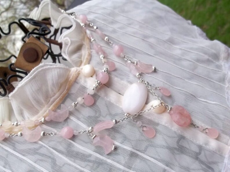 Pink Moon 2 Tier Draped Rose Quartz and Snow Jade Necklace image 2