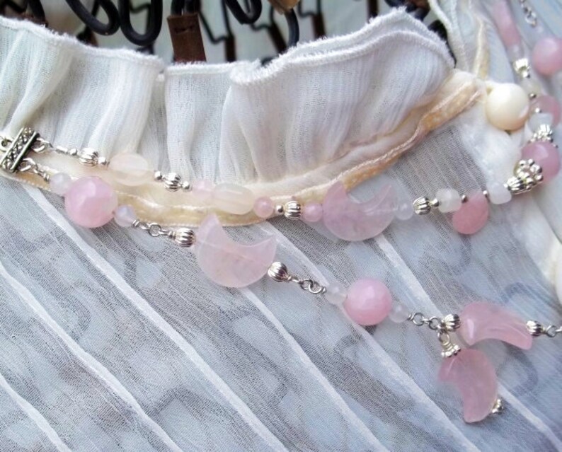 Pink Moon 2 Tier Draped Rose Quartz and Snow Jade Necklace image 3