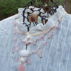 Pink Moon 2 Tier Draped Rose Quartz and Snow Jade Necklace image 1