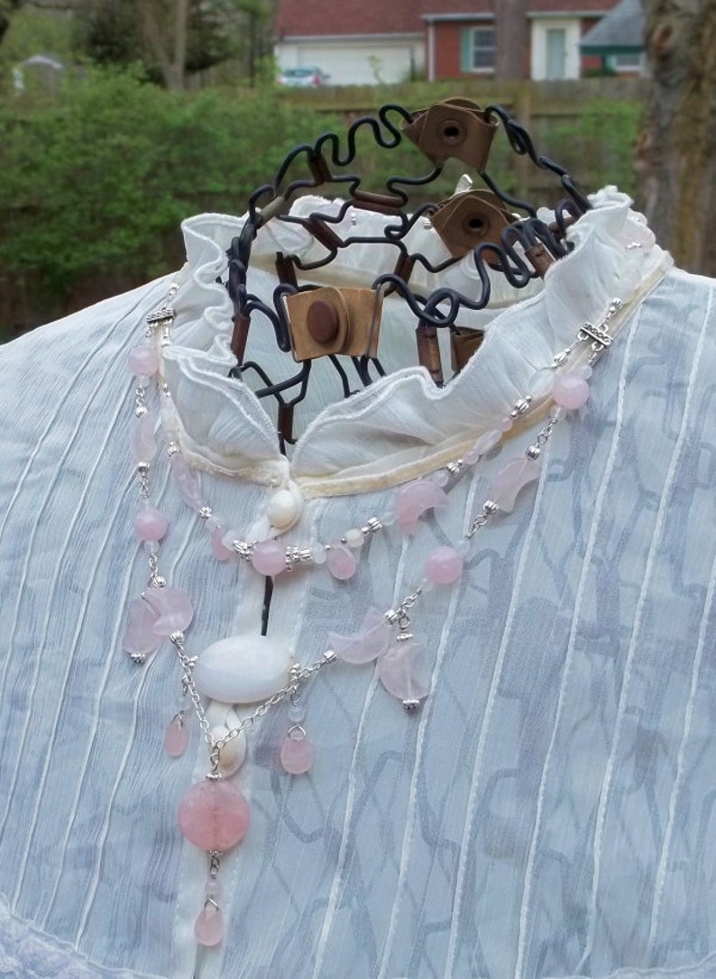 Pink Moon 2 Tier Draped Rose Quartz and Snow Jade Necklace image 1