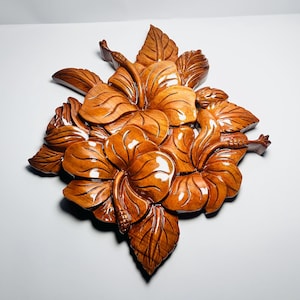 Handgesneden houten hibiscus muurkunst | Indiase houtsnijwerksculptuur