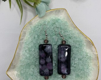 Long black rectangular marble drop and dangle earrings