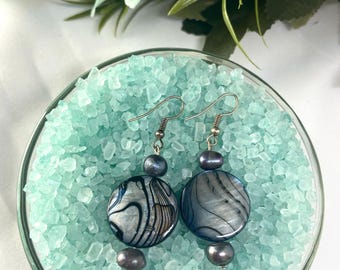 Grey Black Blue shell design dangle and drop earrings