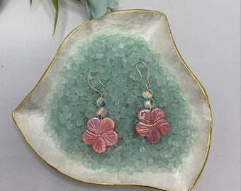 Shiny peach flower drop and dangle earrings