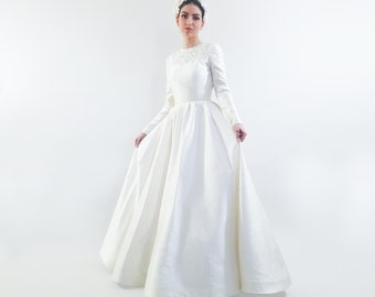 Long-sleeve Embellished Full Skirt Silk Wedding Gown // Esti Wedding Gown