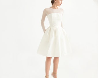 Off-white Seide Taft kurzes Hochzeitskleid mit Ärmeln , Hochzeitskleid , Hochzeitskleid , Hochzeitskleid , Lottakleid