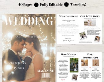 Puede incluir: Plantilla de revista de bodas con una foto de portada de una pareja. La revista incluye secciones tituladas "Our Wedding Story", "Welcome Note", "Our Love Story", "How We Met" y "First Impressions". La portada dice "Wedding" y "Magazine".