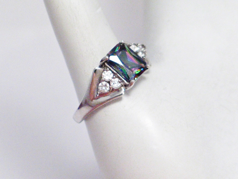 Sterling Silver mystic stone ring band radiant cut rectangle solitaire w diamond alternative cz 9.55 mm wide size 9.25 womens fine jewelry