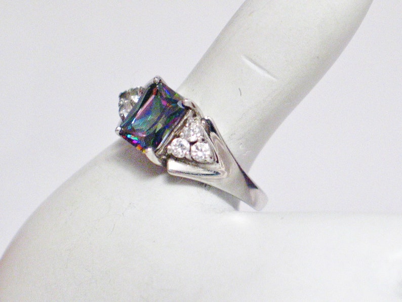 Sterling Silver mystic stone ring band radiant cut rectangle solitaire w diamond alternative cz 9.55 mm wide size 9.25 womens fine jewelry