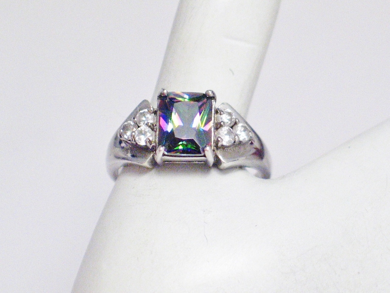 Sterling Silver mystic stone ring band radiant cut rectangle solitaire w diamond alternative cz 9.55 mm wide size 9.25 womens fine jewelry