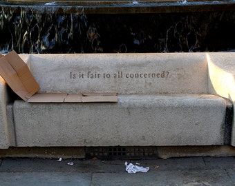 A Homeless Person Bed on the Hard Surface of a Park Bench, Urban Grit: Fine Art Photography