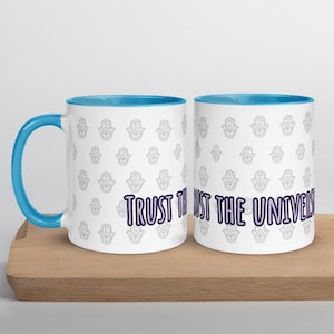 Hamsa Hand Mug – Trust The Universe | Spiritual Boho Ceramic Mug | Meditation Gift | Blue Inside | Dishwasher Safe | 11 oz