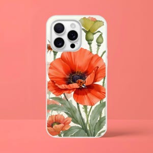 May include: A white phone case featuring a vibrant watercolor design of red poppies with green leaves and a ladybug. The floral artwork includes a large, open poppy and several smaller blooms, set against a cream background.