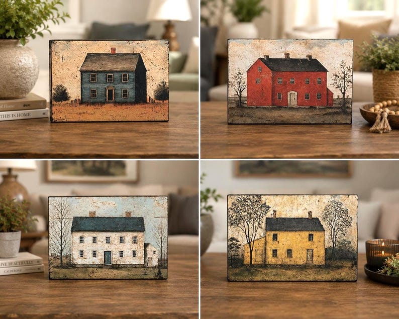 Four primitive Americana decor blocks displayed together on a wooden table in an elegant living room, featuring vintage colonial saltbox homes in distressed blue, red, cream, and mustard tones with early American farmhouse style.