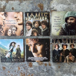 May include: A set of six square coasters featuring Outlander imagery. Designs include character portraits, the text JAMIE Fraser, and quotes such as I kept my word. I lay my vengeance at your feet. Murtagh and My standards? Just a tall, loyal, Gaelic-speaking Scottish warrior.