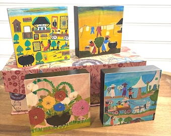 Clementine Hunter Folk Art Collection, Wood Blocks, Rustic Southern Primitive Decor, Shelf Sitter