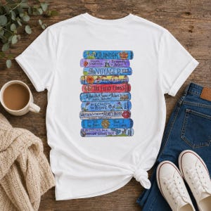 Outlander-Inspired Graphic Tshirt, Bookstack Design, IMAGE on BACK, Blank Front, All Ten Titles