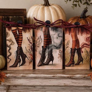 May include: Three rectangular wooden blocks featuring illustrations of legs wearing striped stockings and black lace-up boots. Each block is topped with a dark knob and a tied dark red ribbon, displaying botanical elements and swirling smoke.