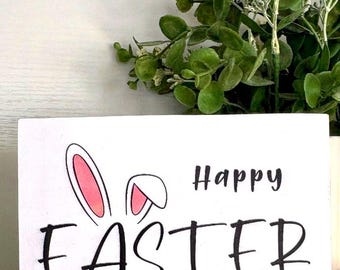 Handcrafted Easter Shelf Sitter: Decoupage Wood Bunny Decor, Spring Tiered Tray Display