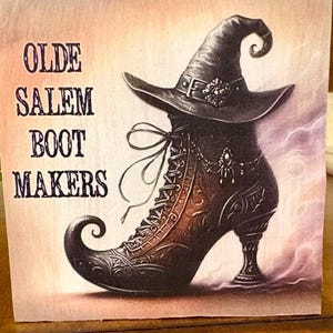 Halloween Decor • Witch Boot Art Block • Decoupage on Wood, Shelf Sitter