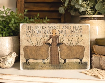 Rustic Farmhouse, Primitive Americana, Handmade Folk Art Wood Block Shelf Decor, Sheep and Scripture