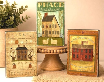 Primitive Shelf Sitter Blocks Rustic Christian Farmhouse Handmade Folk Art Decor