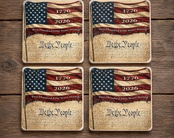 Rustic Patriotic Wood Coaster Set, Vintage Flag Tableware, America 250th Anniversary, 1776-2026