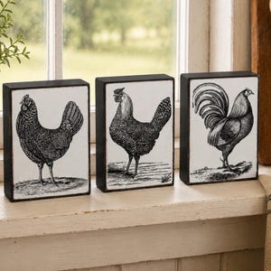 Rustic Chicken Shelf Sitters, Primitive Rooster Decor, Farmhouse Poultry Blocks, Country Kitchen Decor